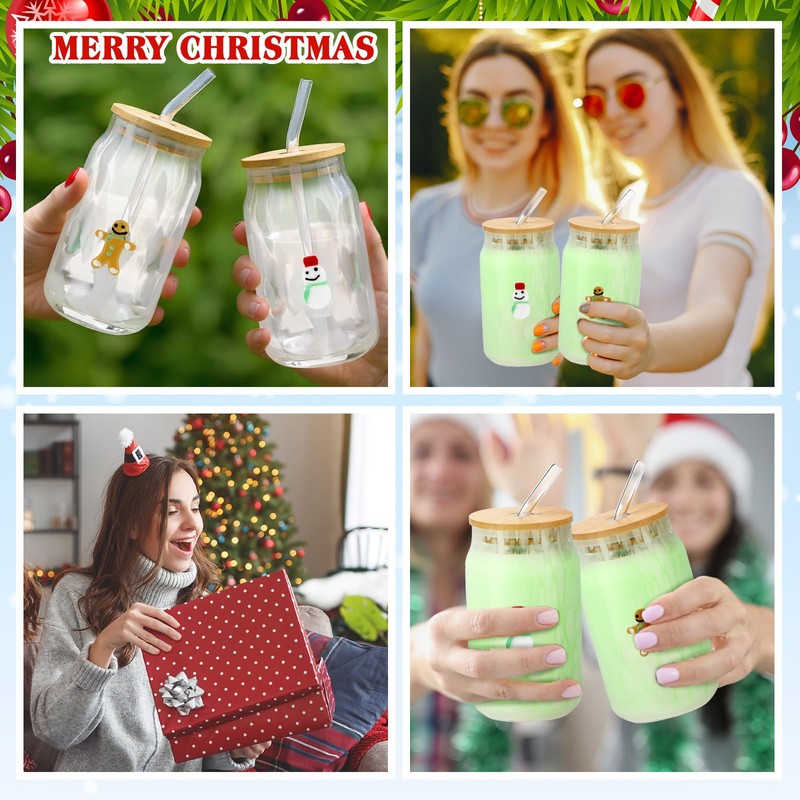 Potchen 2 Pcs Christmas Icon Glass Cups 16.9 oz Gingerbread