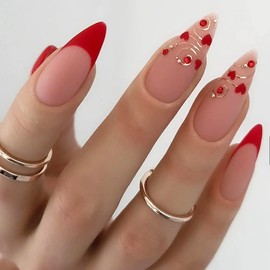 Press on Nails Almond Medium Length Glossy Full Cover Acrylic French Almond False Nails with Designs Artificial Almond Shaped Fake Nails with Charms Glue Stick ons Fingernails for Women Girls(W087)