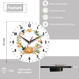 SPUNKER Thanksgiving Day Wall Clock,Autumn Pumpkin Kitchen Wall Clock,Maple Leaves Flower Clocks 10 Inch Silent Non-Ticking Wall Battery Operated for Living Room Bedroom Bathroom Laundry Room Decor