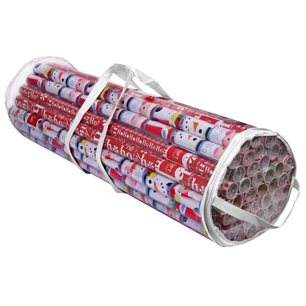 ProPik Christmas Gift Wrap Organizer Clear, Fits 24 Rolls of 40 Inch, Heavy Duty PVC Wrapping Paper Storage Bag with Handles and Zippered Top, Underbed Tote Tube Container (White trimming)