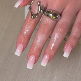 KQueenest Ombre Pink Press on Nails Short Medium Square, French Tip False Nails Short Coffin, Natural Solid Color Fake Nails Set, Reusable Gel Stick on Nail for Women Finger Daily Wear 24 Pcs