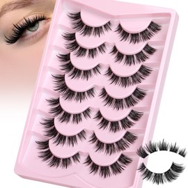 JIMIRE False Eyelashes Wispy Lash Clusters Manga Cat Eye Lashes 15MM Mink Lashes Fluff Russian D Curly Strip Lashes Look Like Lash Extensions Pestañas 7 Pairs Pack