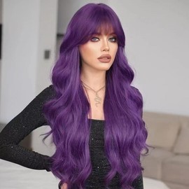 NOSTALGIA Purple Wig with Bangs Long Purple Wavy Wigs for Women 26 Inch Dark Purpl Wigs Natural Looking Heat Resistant Synthetic Wig for Daily Party Use