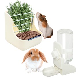 HERCOCCI Rabbit Hay Food Bin Feeder and Bunny Water Bottle Set, Hay Food Feeder Bowls Manger Rack with 500ml Hanging Water Dispenser Prevent Knock Over for Rabbit Guinea Pig Chinchilla (Large, White)