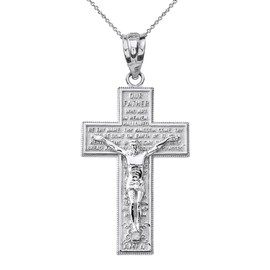 Religious Jewelry Sterling Silver Catholic Cross Crucifix with Lord's Prayer Pendant Necklace, 16"