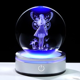 Arikyrist 3.15in. 3D Fairy Crystal Ball Gifts for Women Men, K9 Crystal Decorative Ball Engraved Fairy Figurine Paperweight with LED Light Base for Home Office Decoration for Birthday Christmas