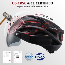 AUMENTAR Adult Bike Helmet, Bicycle Helmet with Rear LED Light & Detachable Magnetic Goggles, CPSC/CE Certified Cycling Helmet Adjustable for Men Women Mountain & Road (Lightning Black)