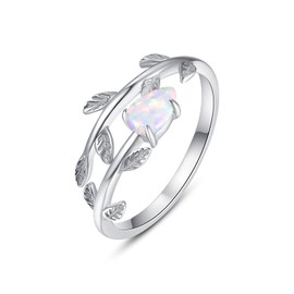 PRAYMOS 925 Sterling Silver Rings for Women Leaf Ring White Opal Rings for Women Adjustable Rings Wrap Opal Engagement Wedding Rings Size 7 8 9 Christmas Gifts for Women