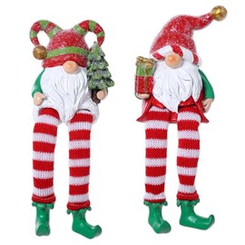 The Bridge Collection Elf Gnome Figurines - Set of 2 - Decorative Tabletop Figures for Holiday Decor - Elf Shelf Sitters with Dangling Legs - Christmas Gnome Decor