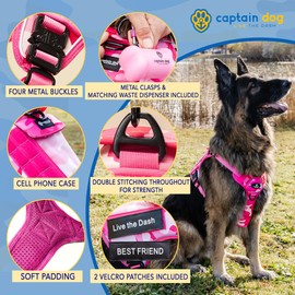 CAPTAIN DOG Quality No Pull Dog Harness with 4 Metal Buckles & Reinforced Stitching - Reflective Heavy Duty Tactical Vest Harness with Clear Pouch & Bag Dispenser for Walking Hiking- Pink, L