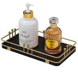 Pursura Bathroom Vanity Tray for Toiletries Makeup Perfume Candle Toilet Tank, Kitchen Tray for Soap Dispenser Spice Salt, Small Tray for Countertop Decor Coffee Nightstand 7.9”x4.4” Black-Gold