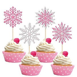 24 piezas de adornos de copos de nieve con purpurina para cupcakes de invierno con temática de congelado para decoración de pasteles de invierno para temática de copo de nieve, baby shower, cumpleaños, Navidad, suministros de fiesta de Navidad, color ros