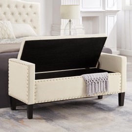 Velvet Storage Ottoman Bench with Armrests, Upholstered Button Tufted Entryway Bench with Nailhead Decoration, Large Shoe Storage Bench for Bedroom End of Bed, Living Room, Entryway, Hallway (Beige)