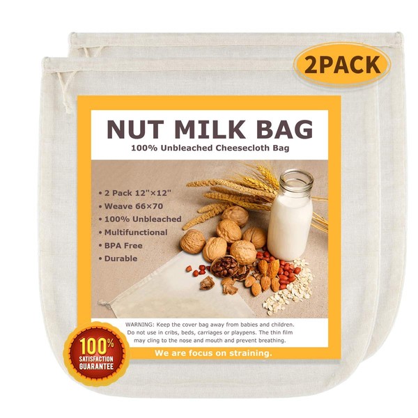 Nut Milk Bags, All Natural Cheesecloth Bags, 12"x12", 2 Pack, 100% Unbleached Cotton Cloth Bags for Tea/Yogurt/Juice/Wine/Soup/Herbs, Durable Washable Reusable Almond Milk Strainer(Weave 66x70)