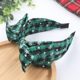 HIFANMM Christmas Headband Green Xmas Plaid Snowflakes Hair Bands for Women Girls, Bow Top Knot Wide Headbands Winter Christmas Holiday Party Outfits Decoration Accessories