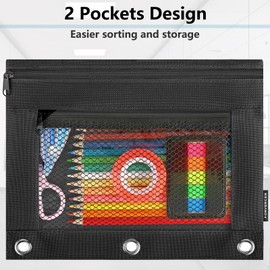 Forvencer Pencil Pouch for 3 Ring Binder, Pencil Case Pouch, Pen Pencil Pouch Pencil Bag, Clear Window Pencil Case for Binder, Binder Accessories, Large Pencil Pouch with 3 Reinforced Grommets, Black