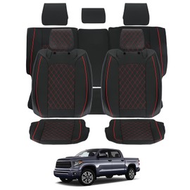ROCCS Leather Seat Covers 5 Seats Full Set Fit for 2014-2021 Toyota Tundra Cushion Cover Breathable,Tundra CrewMax Double Cab SR5 Limited TRD Pro Airbag Compatible Waterproof Truck Seat Cover Red Line