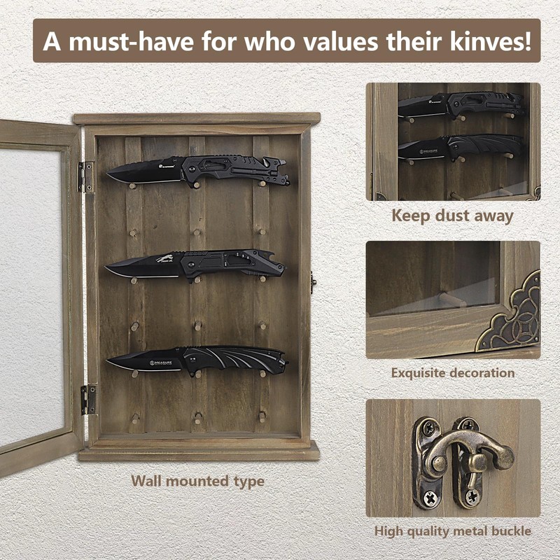 Wooden Knife Display Case-Pocket Knife Shadow Box-Knife Cases for Collections