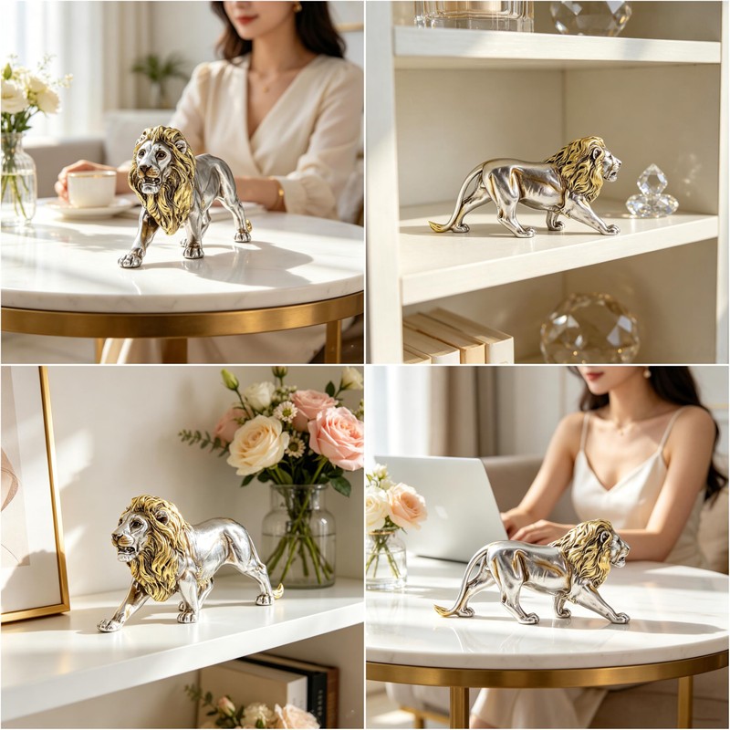 MOTIAHOOM Lion Figurine, Roaring Animal Statue, Silver Gold