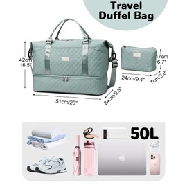 Outplea 50L Large Travel Duffel Bag with Shoe Compartment for Women, Carry on Overnight Weekender Bags with Wet Pocket, Hospital Pack with Small Toiletry Bag, Blue