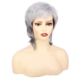 Short Curly Gray Wigs for Women Layered Pixie Cut Wigs with Bangs Silver Grey Short Natural Curly Wigs for White Women Synthetic Wigs