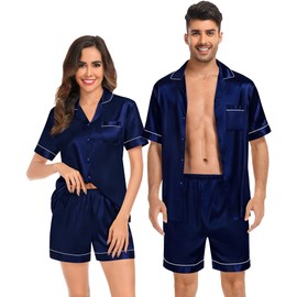 SWOMOG Couples Matching Pajamas Silk Pj Set Women Loungewear Set Button Down Pajamas Mens Sleepwear Sleep Shorts Summer Lounge Sets Dark Navy Blue
