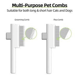 Marchul 2Pcs Cat Comb Flea Comb Set for Cats Dogs, Cat Grooming Brush with Release Button and Stainless Steel Round Teeth, Self-Cleaning Dog Combs for Removing Pet Hair, Knots & Loose Fur, White