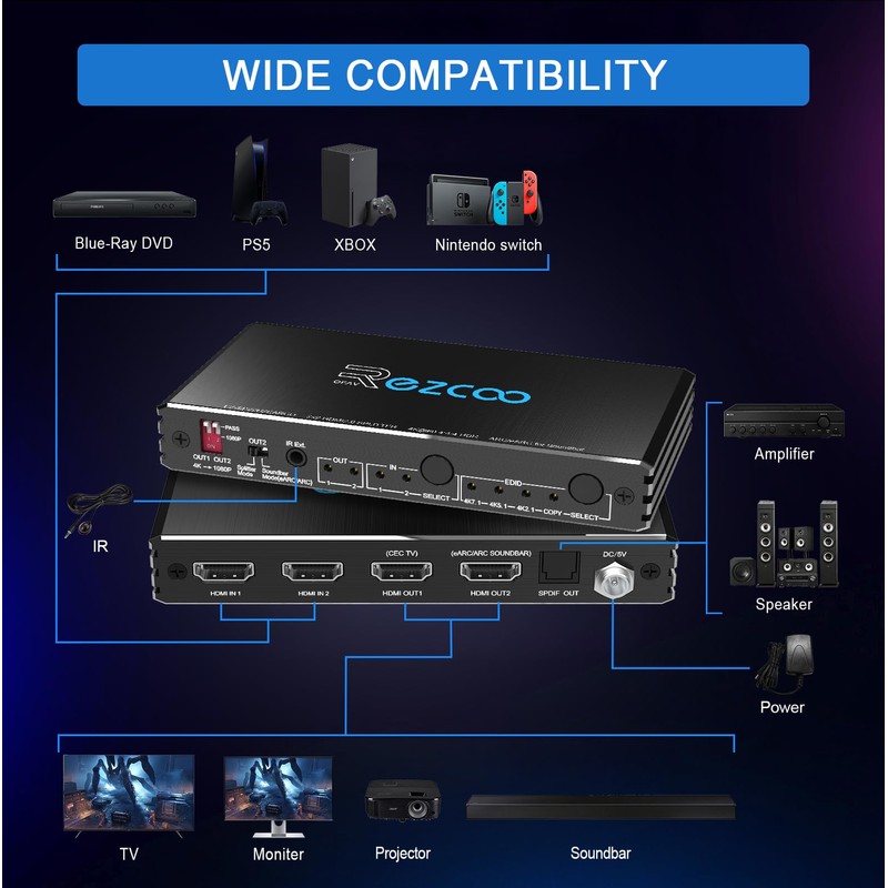 4K 60Hz HDMI 2.0 SplitterARC eARC for Soundbar HDMI Switch