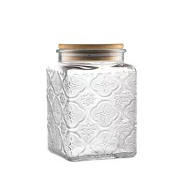 ANSQU 25.3 FL OZ Square Glass Jar, Glass Storage Jar with Airtight Lid, Glass Food Storage Containers for Candy, Coffee, Tea, Canning, Cute Jar (Square Begonia)