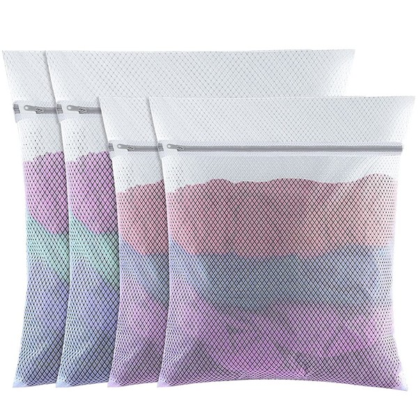 HuaJiao 4 Pack Laundry Bags, 24x20inches/20x16inches Wash Bags Laundry with Zips Reusable Sock Bag for Washing Machine Suitable for Clothes,Tights Bra, Underwear, Bath Towel, Socks (2 Sizes, White)