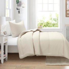 Lush Decor Oslo Soft Reversible Quilted Comforter Set, 2 Piece Set, Twin/Twin XL, White & Neutral - Soft Kids Bedding Set - Beige & White Comforter - Twin Quilt - Minimalist & Modern Dorm Decor