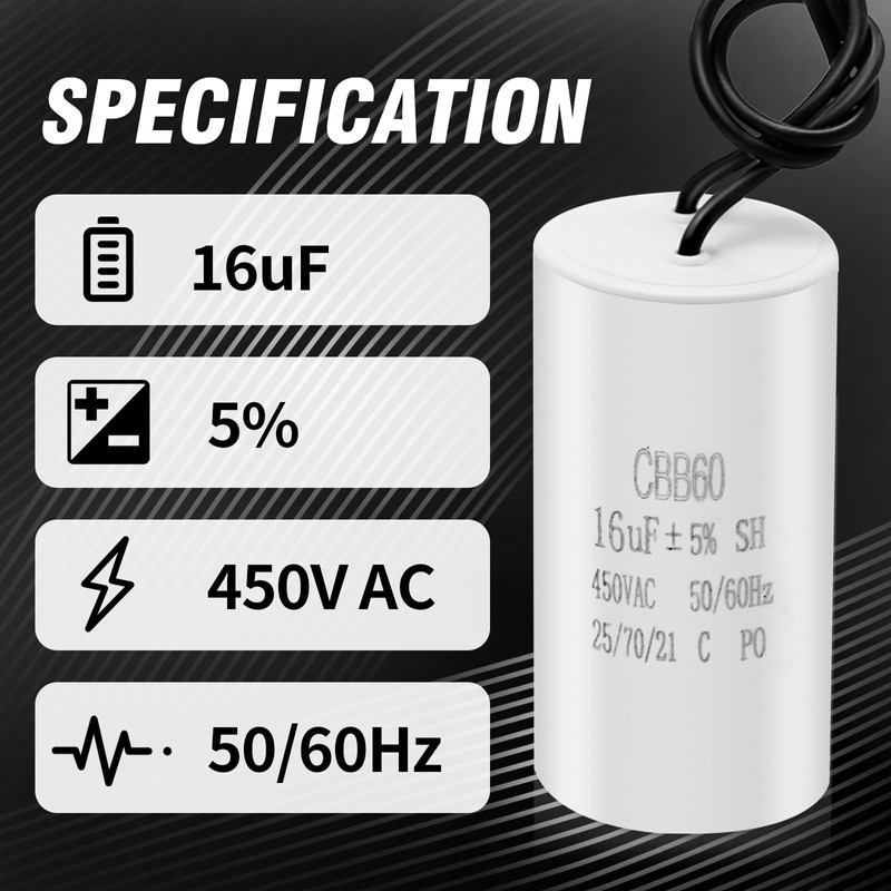 SYOWADA 16Uf Cbb60 Run Capacitor 2 Wires 450V Ac Motor