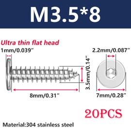 Ctyjia Pack of 20 Thin Hexagon Socket Self-Tapping Screws, 304 Stainless Steel, Thin Flat Head Wood Screws, for Wood and Furniture, M3.5 x 8 mm