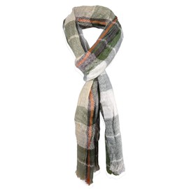Scarf in Green Olive Orange Brown Beige Checked with Small Fringes Size 180 x 50 cm, Green Olive Orange Brown Beige