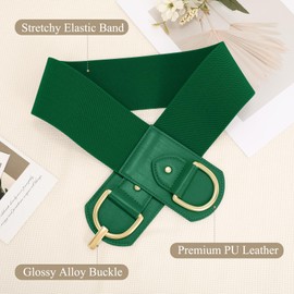 Wide Belts for Women Fashion Elastic Belt for Dresses Vintage Waist Belt Ladies Stretchy Belt Gold Buckle,Green 35"