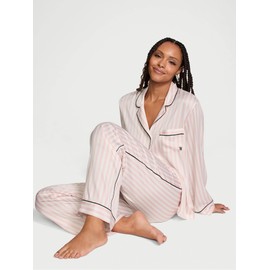 Victoria's Secret Satin Pajama Set, Long Sleeve Button Down & Pant Set, Sleepwear for Women, Iconic Stripe (L)