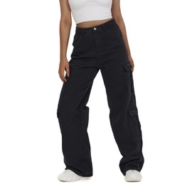 Women's High Waist Cargo Jeans Flap Pocket Baggy Cargo Pants Y2K Wide Leg Denim Jeans Straight Casual Loose Trousers Y2K Streetwear Pants-L Black.
