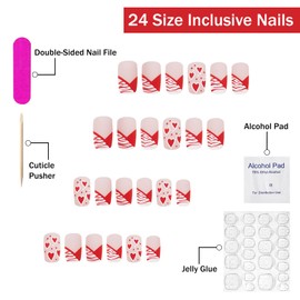 Valentines Press on Nails Medium Square SWEKKE French Tip Fake Nails False Nails with Designs Red & White Heart Glossy Glue on Nails Valentine's Day Acrylic Nails for Women Girls 24 Pcs