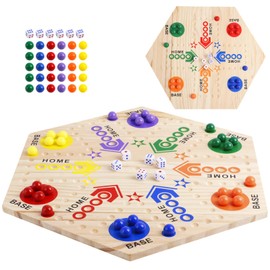 Marble Board Game, Double-Sided Wooden Board Game with 30 Marbles & 6 Dice, Colorful Wahoo Marble Ludo Game Kit for 2-6 Players