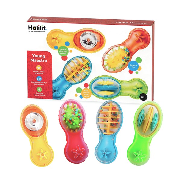 Halilit Young Maestro Gift Set. 4 Durable Real Musical Instruments. Easy Grip Shaker Rattles for Babies. BPA Free. Baby Sensory Fun. 6 Months +