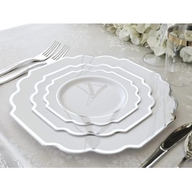 " OCCASIONS " 240 Plates Pack (120 Guests) Heavyweight Wedding Party Disposable Plastic Plates Set -120 x 10.5'' Dinner + 120 x 8'' Salad/Dessert Plate (Imperial in White & Silver Rim)