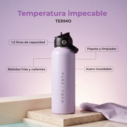 Pure Form Botella Térmica 1.2 lt - Termo de Acero Inoxidable  Incluye Popote Extraíble y limpiador (Lila)