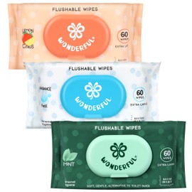 WONDERFUL Flushable Butt Wipes, Variety 100% Plant-Based Wet Wipes for Adults & Kids; Sewer, Septic Safe; Gentle on Sensitive Skin, Wipes Flushable Pack for Bathroom & Travel, 3-Pack (180 Counts)