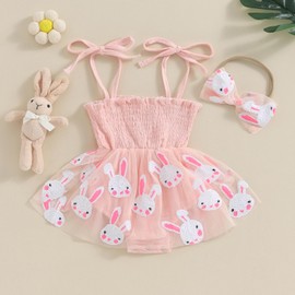 Newborn Baby Girl Easter Outfit Bunny Romper Dress Onesie Sleeveless Halter Tutu Skirt with Headband (Pink Bunny, 0-3 Months)