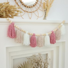 Boho Yarn Tassel Garland with Wood Beads Banner Wall Hanging for Classroom Back to School Kids Bedroom Nursery Baby Shower Decor