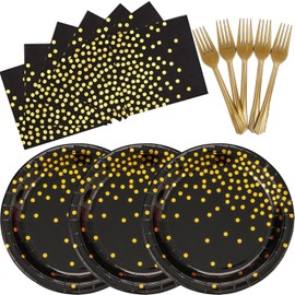 150 PCS Black and Gold Paper Plates Napkins Forks Set Party Supplies Serves 50, Golden Dot Disposable Paper Dinnerware 9" Plates for Birthday, New Years Eve, Graduation, Retirement Party, Anniversary