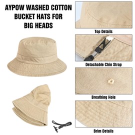 AYPOW XX-Large Bucket Hat Unisex, Big Vintage Washed Denim Cotton Outdoor Sun Hat, Oversized Foldable Breathable Fishing Hats for Outdoor Hiking Travel Men Women, Plain Colours Size 54-64cm