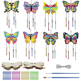 LETTERASHQP 8 Pieces Butterfly Wind Chime Craft Set Children's Butterfly Craft Set Wooden Butterfly Decoration DIY Craft Wind Chime Butterfly for Girls Boys Children's Birthday Parties