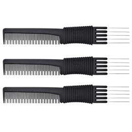 3 Pack Black Carbon Lift Teasing Combs with Metal Prong, Salon Teasing Back Combs, Black Carbon Comb with Stainless Steel Lift (Style A)