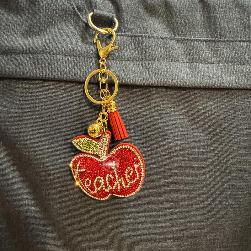 Popfizzy Teacher Keychain Accessories for Women, Rhinestone Red Apple Backpack